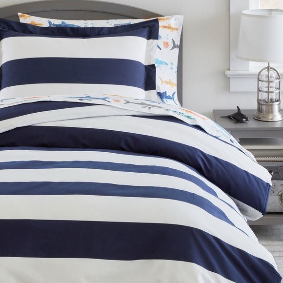 Organic Navy and White Striped Duvet and One Sham Cover - Picture 1 of 3
